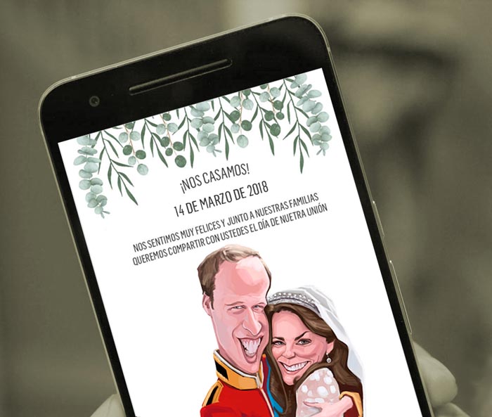 Invitación virtual con caricatura para bodas. Kate y William