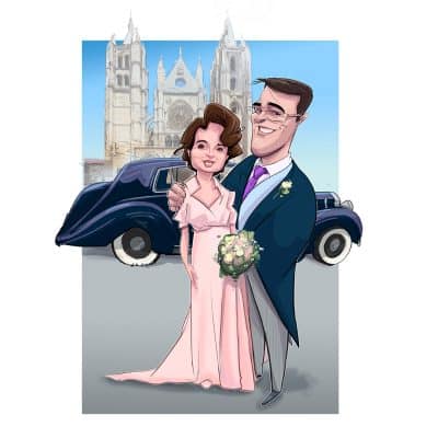 Caricatura pareja cuerpo entero y ambientación