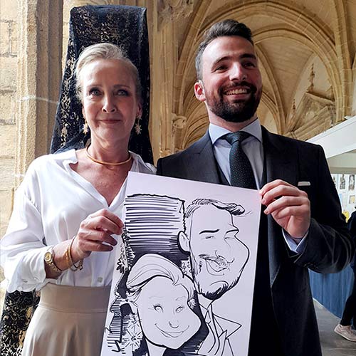 Caricatura del novio y la madrina en boda en Jerez.